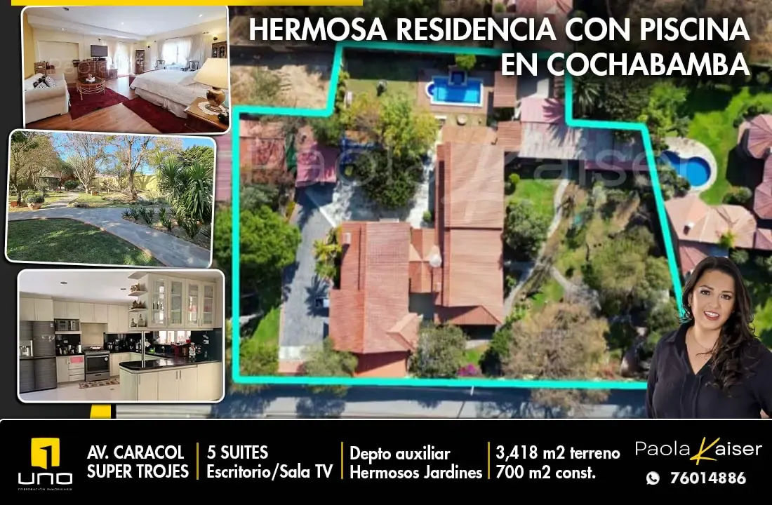 Foto 1 de Hermosa casa con piscina en venta, Avenida Caracol, Super Trojes, Cochabamba