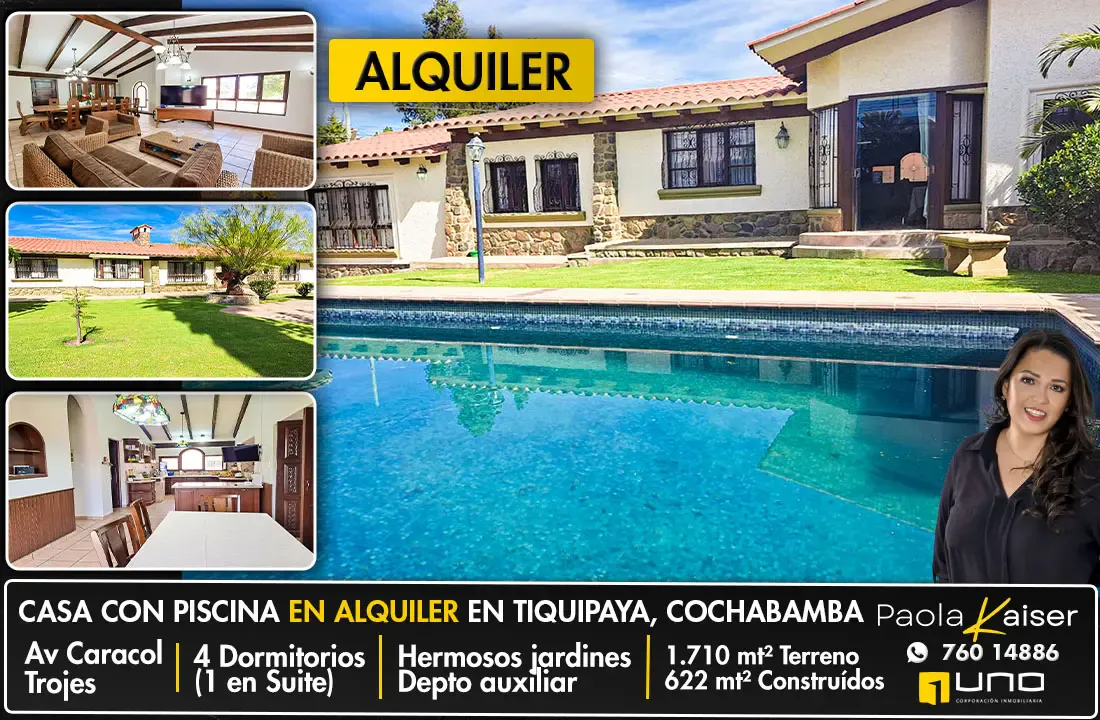 Foto 1 de Hermosa casa con piscina en alquiler, Tiquipaya, Cochabamba