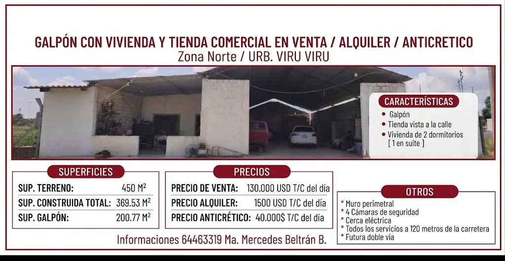 Foto 1 de Galpón con vivienda y tienda comercial en venta/alquiler o anticretico