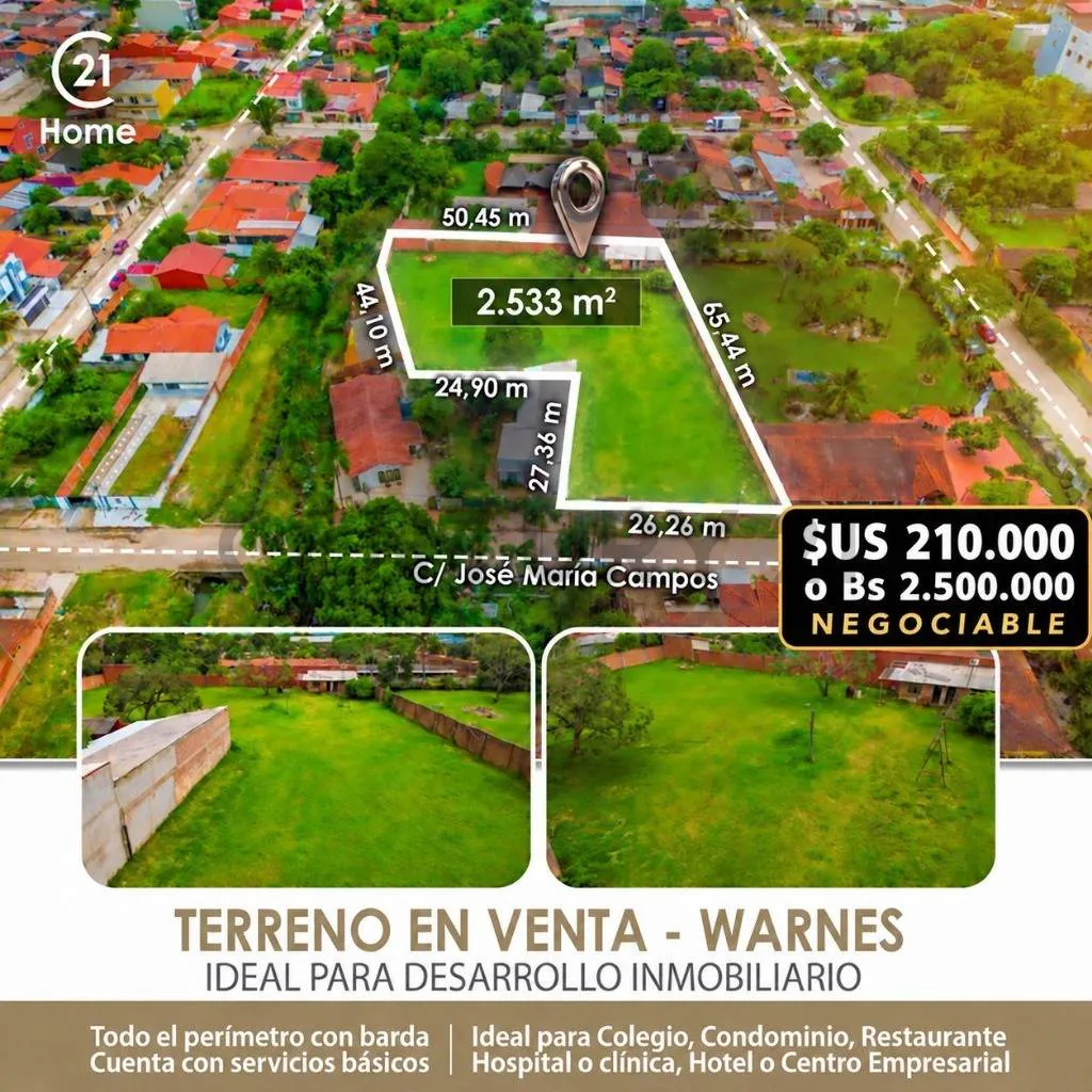 Foto 1 de 2.533 M² Terreno en Venta en Warnes a 1 Cuadra de La Avenida Principal
